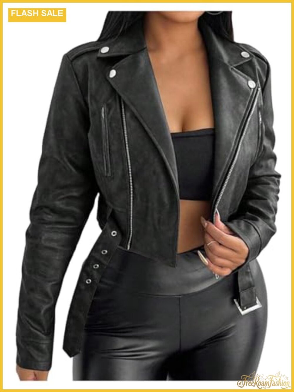 Faux Leather Crop Bomber Jacket Zipper Moto Streetwear Lightweight